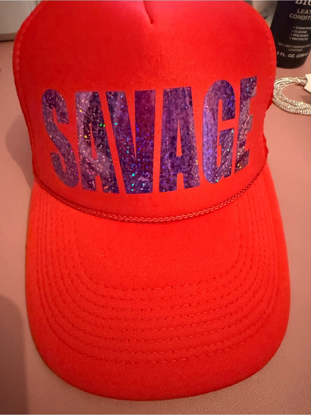 Arnie + Ollie Red Otto Hat with Purple Sparkle 'SAVAGE' Lettering